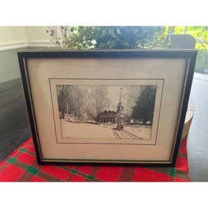 Orig  Pencil Drawing Winter Church Snow Scene Signed Mel Hunter Art Framed VGUC